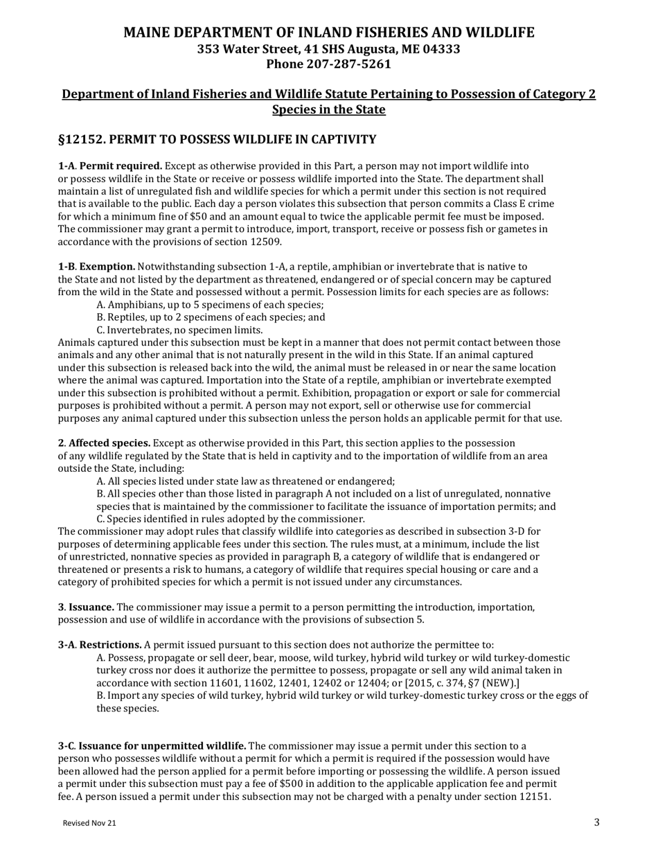 Wildlife General Possession Permit Application for Category 2 Restricted Species - Maine, Page 3