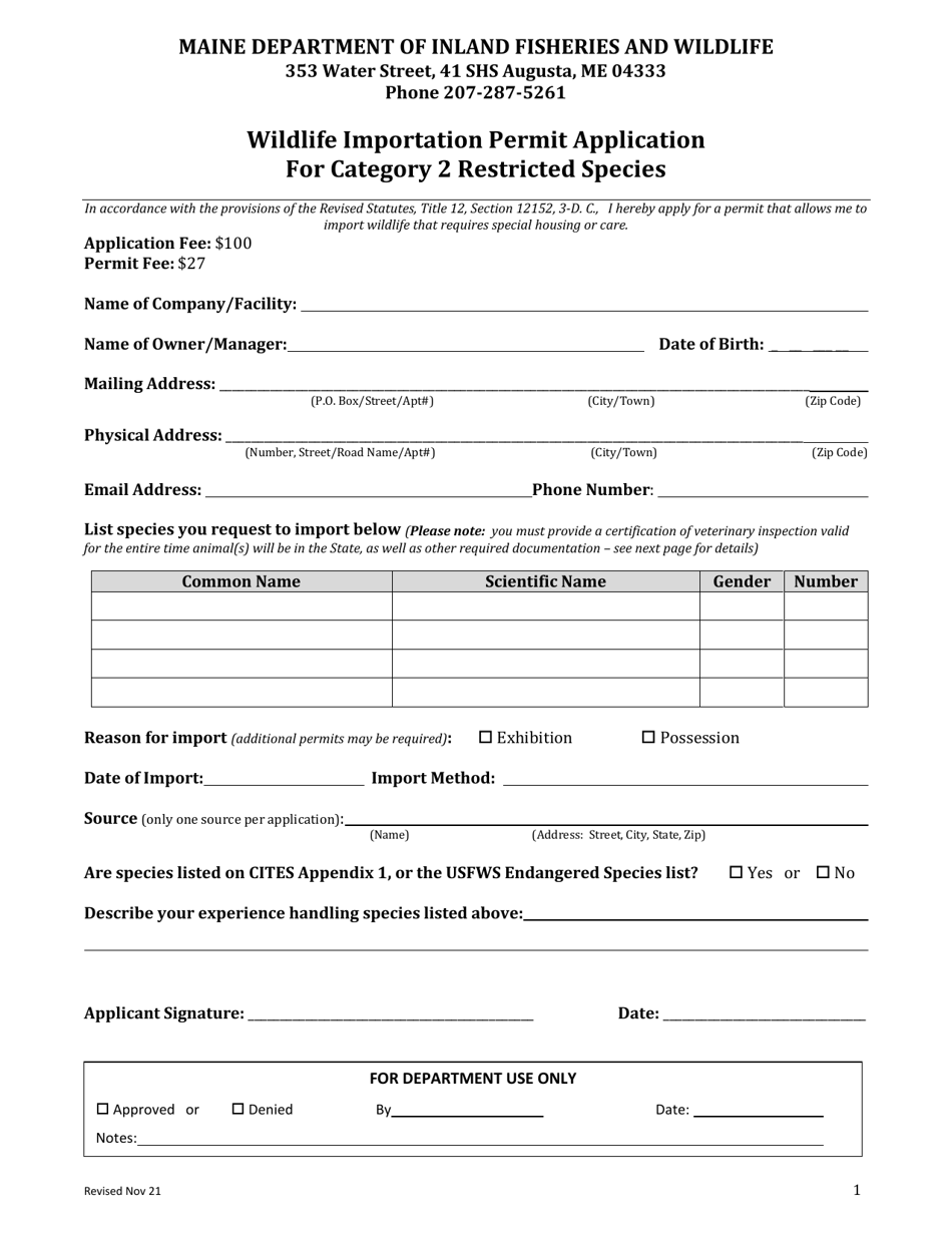 Wildlife Importation Permit Application for Category 2 Restricted Species - Maine, Page 1