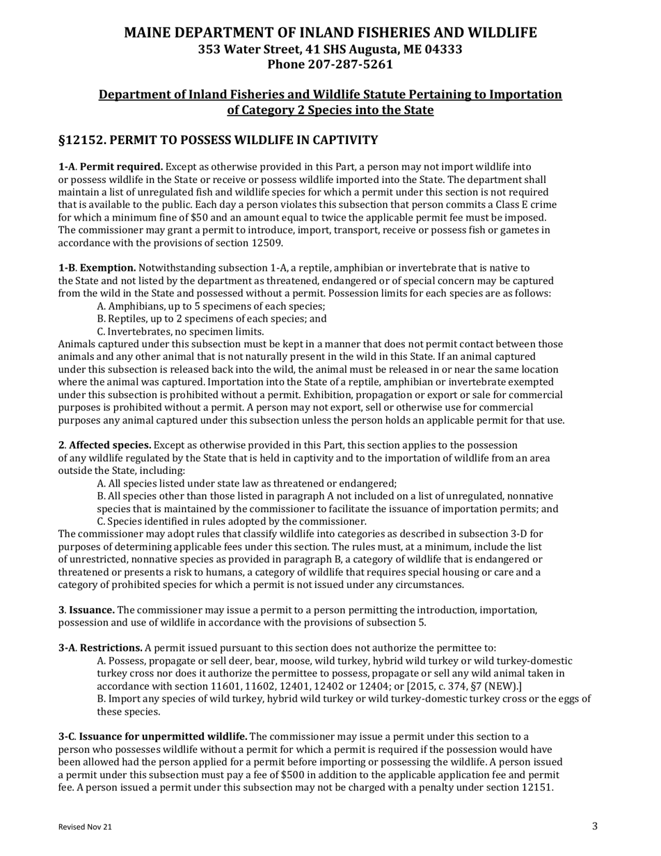 Wildlife Importation Permit Application for Category 2 Restricted Species - Maine, Page 3