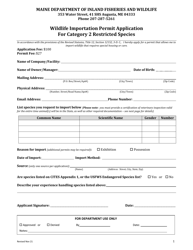 Document preview: Wildlife Importation Permit Application for Category 2 Restricted Species - Maine