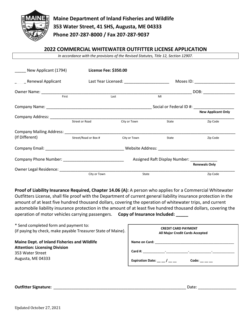 Commercial Whitewater Outfitter License Application - Maine, Page 1