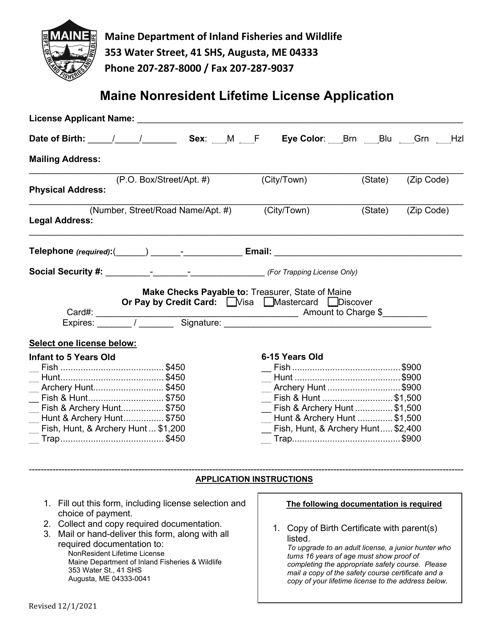 Maine Nonresident Lifetime License Application - Maine Download Pdf