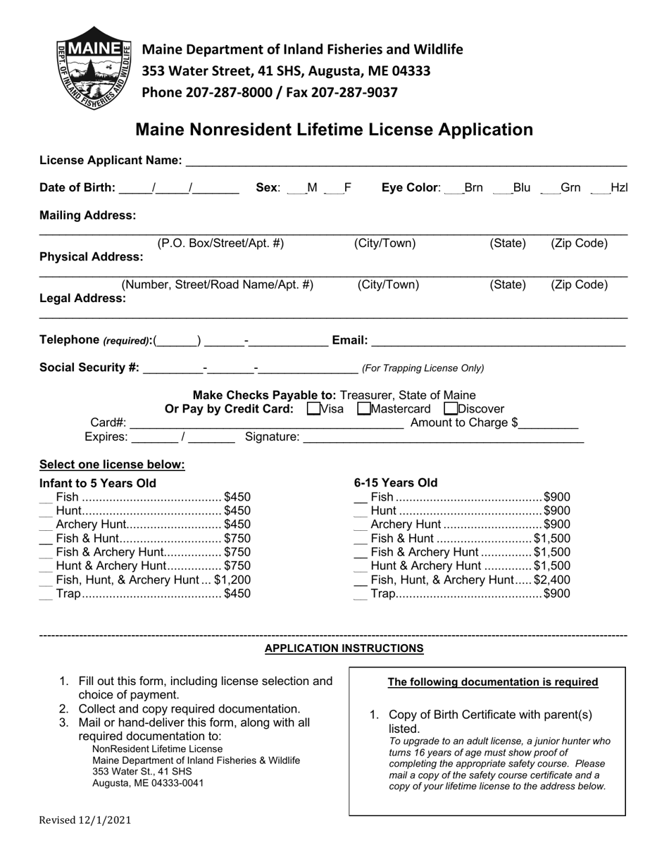 Maine Nonresident Lifetime License Application - Maine, Page 1
