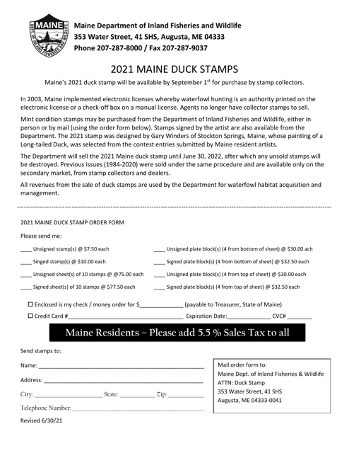 Maine Migratory Waterfowl Stamp Order Form - Maine, 2021