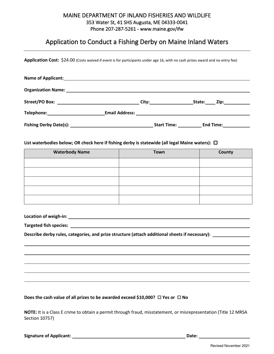 Maine Application to Conduct a Fishing Derby on Maine Inland Waters ...
