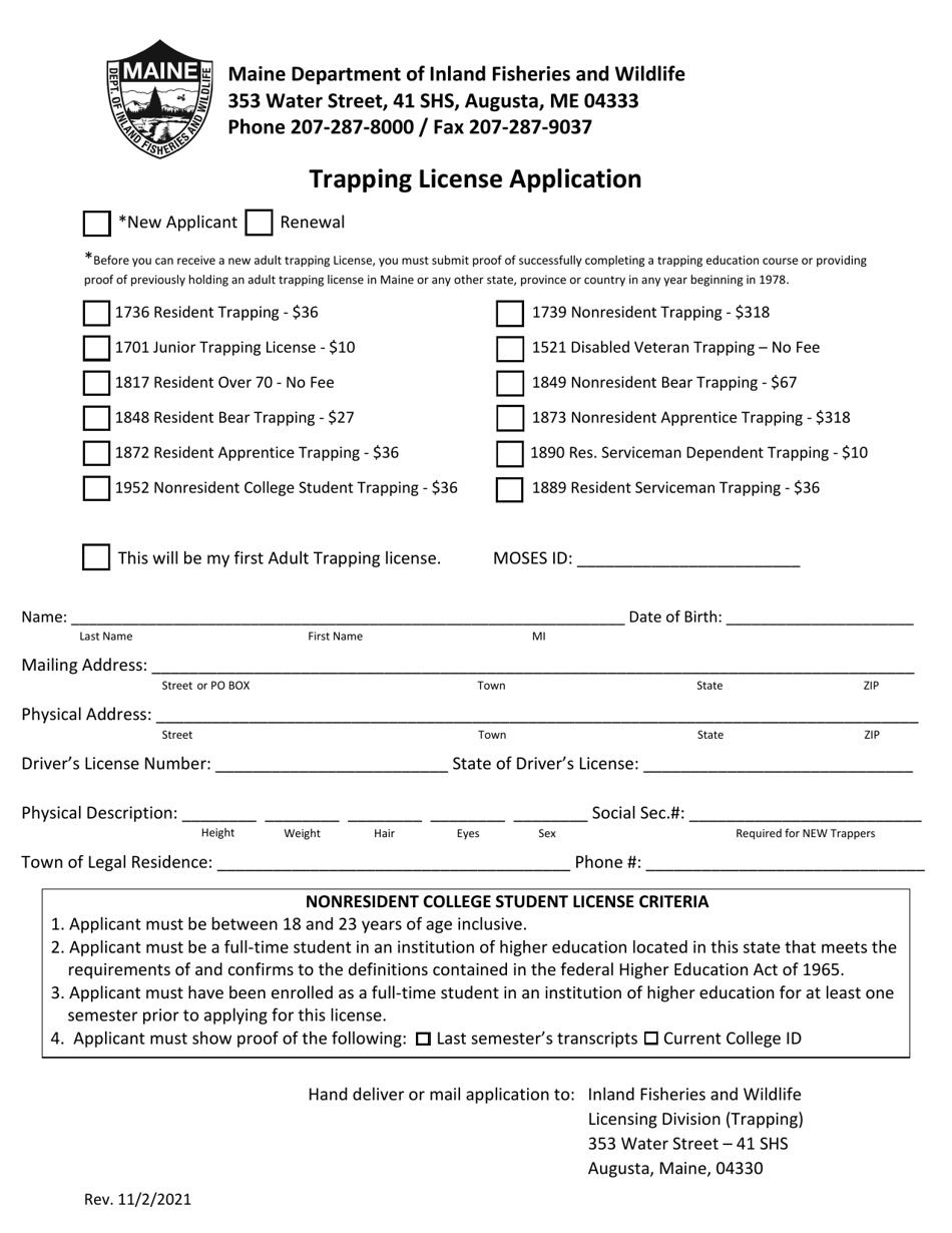 Trapping License Application - Maine, Page 1