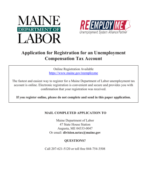 Application for Registration for an Unemployment Compensation Tax Account - Maine Download Pdf