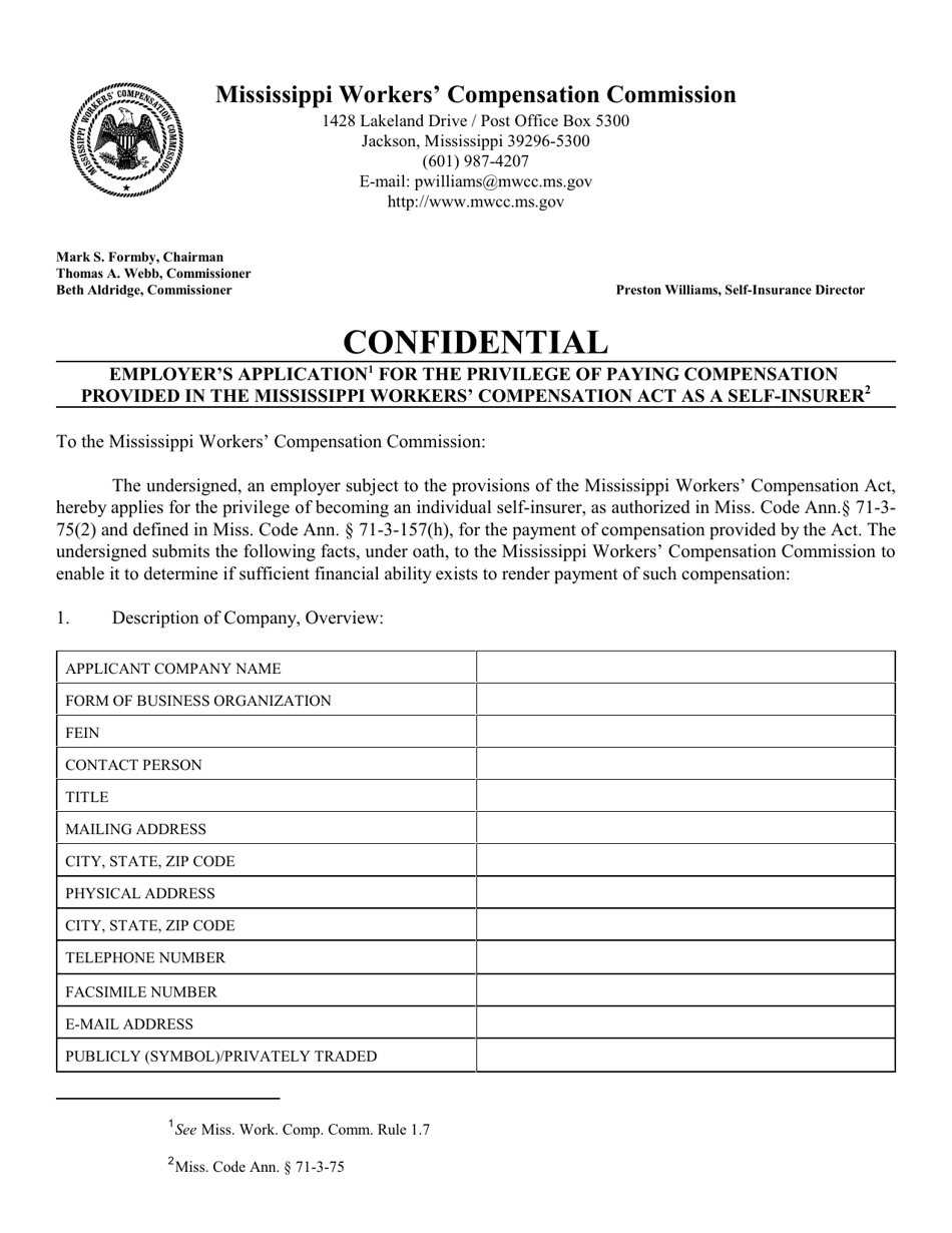 MWCC Form A-2 Self-insured Employer Application - Mississippi, Page 1