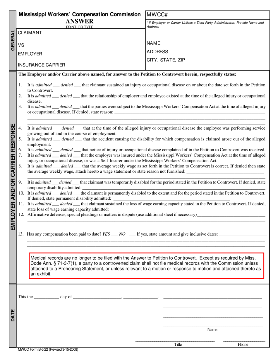 MWCC Form B-5,22 Answer to Petition to Controvert - Mississippi, Page 1