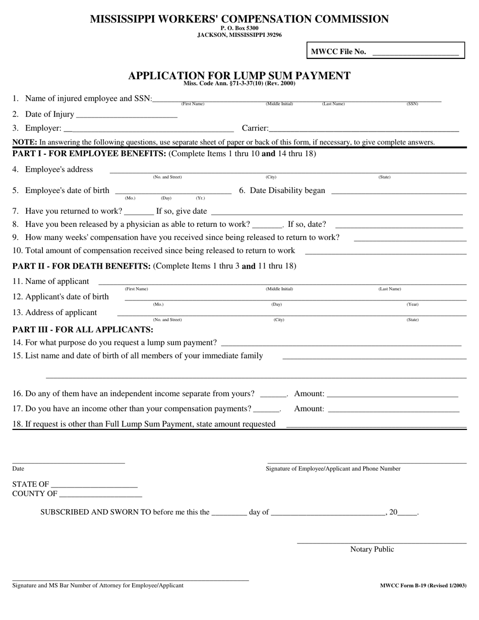 MWCC Form B-19 Application for Lump Sum Payment - Mississippi, Page 1