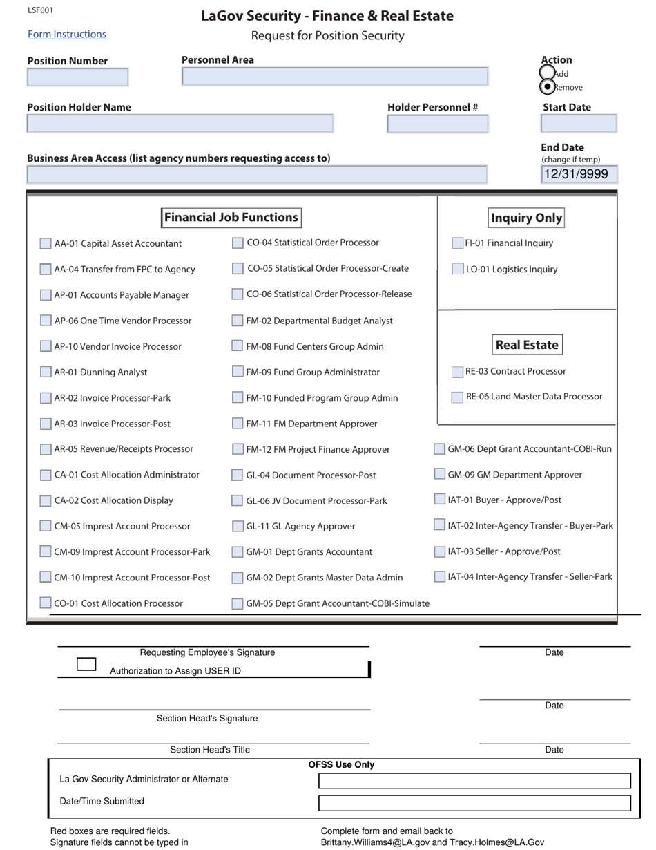 Form LSF001 Request for Position Security - Lagov Security - Finance  Real Estate - Louisiana, Page 1