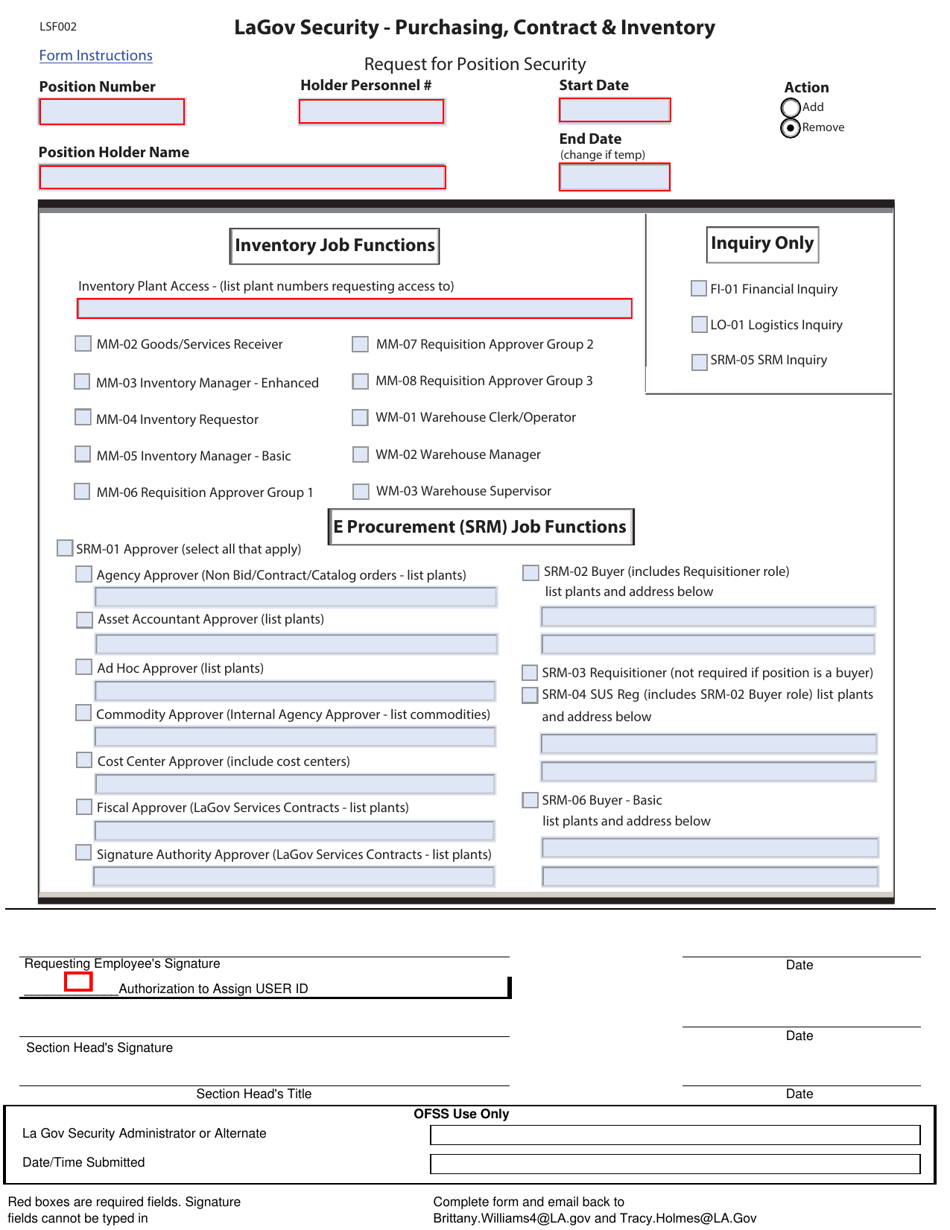 Form LSF002 Request for Position Security - Lagov Security - Purchasing, Contract  Inventory - Louisiana, Page 1