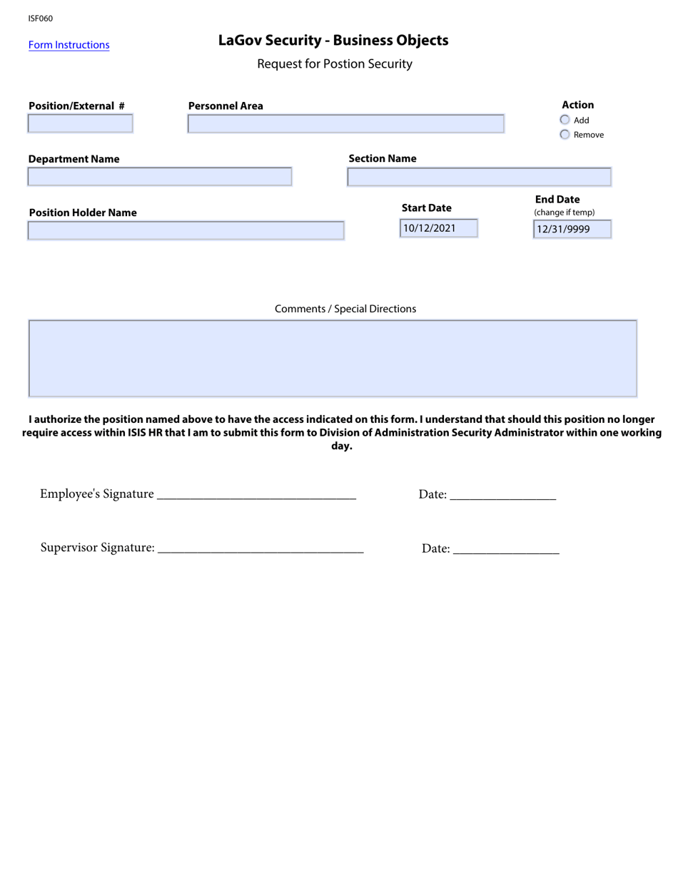 Form ISF060 Request for Position Security - Lagov Security - Business Objects - Louisiana, Page 1