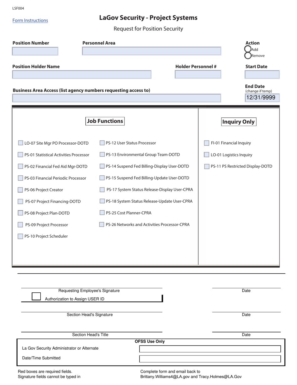Form LSF004 Request for Postion Security - Lagov Security - Project Systems - Louisiana, Page 1