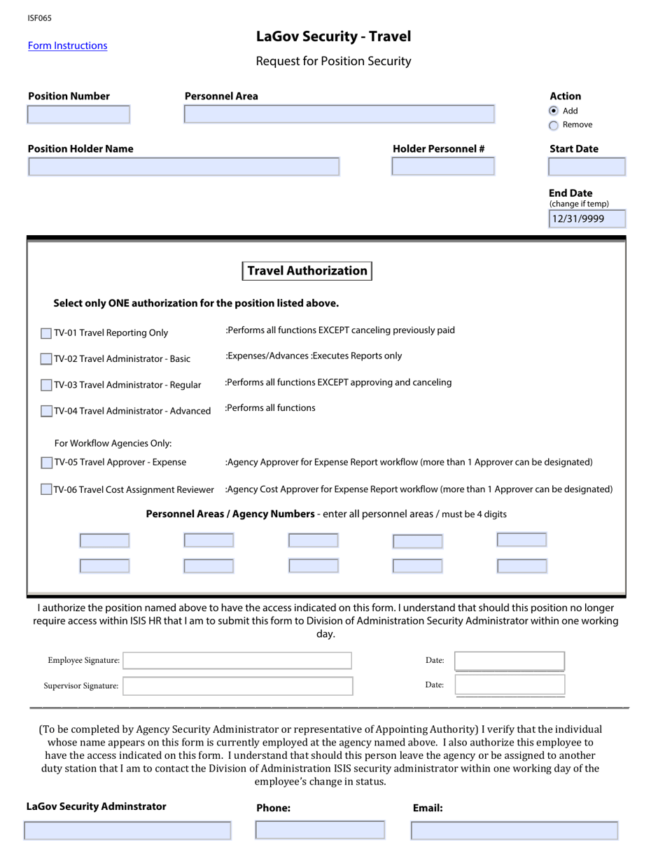 Form ISF065 Request for Position Security - Lagov Security - Travel - Louisiana, Page 1
