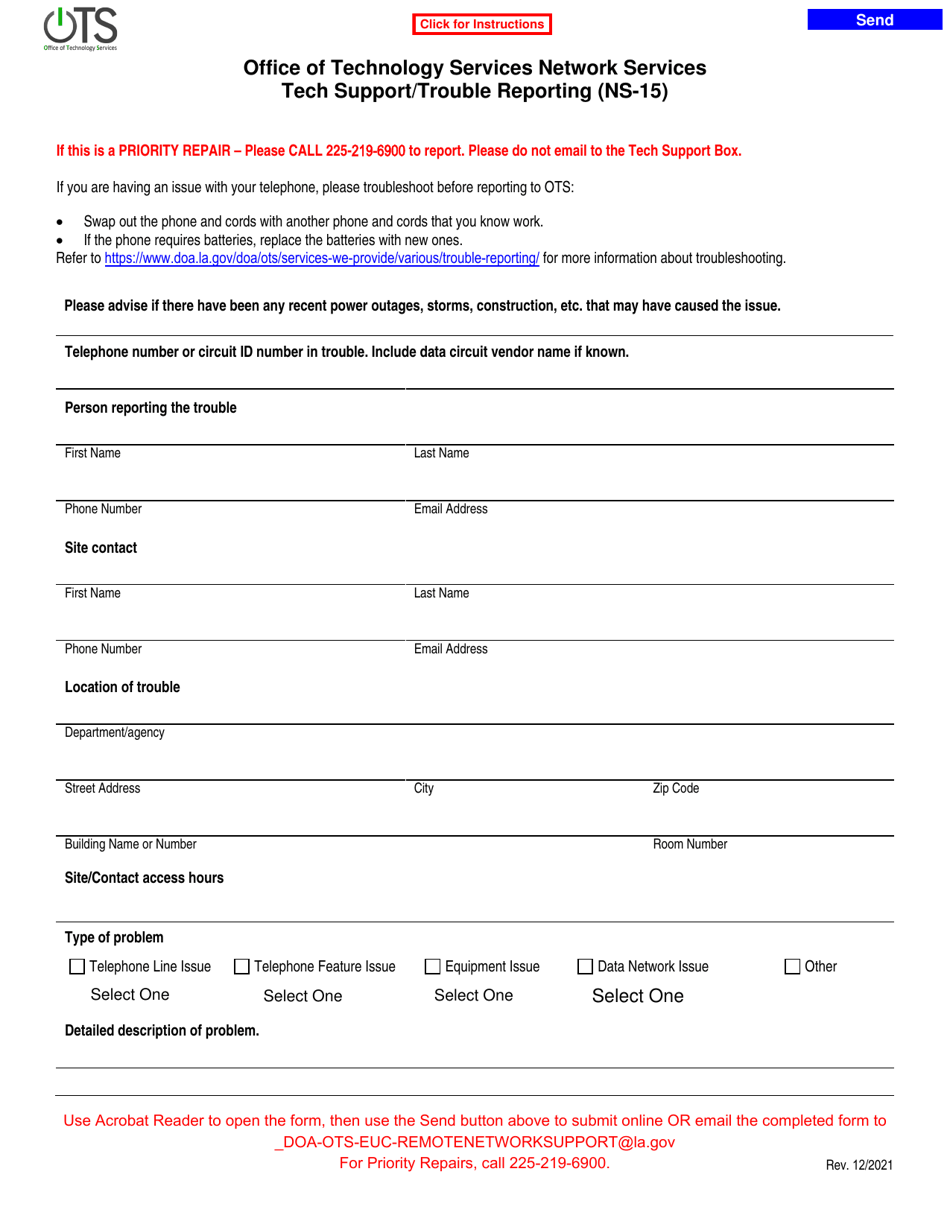 Form NS-15 Tech Support / Trouble Reporting - Office of Technology Services Network Services - Louisiana, Page 1