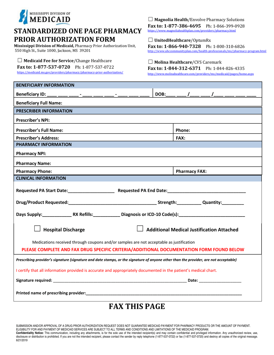 Standardized One Page Pharmacy Prior Authorization Form - Human Growth Hormone - Mississippi, Page 1