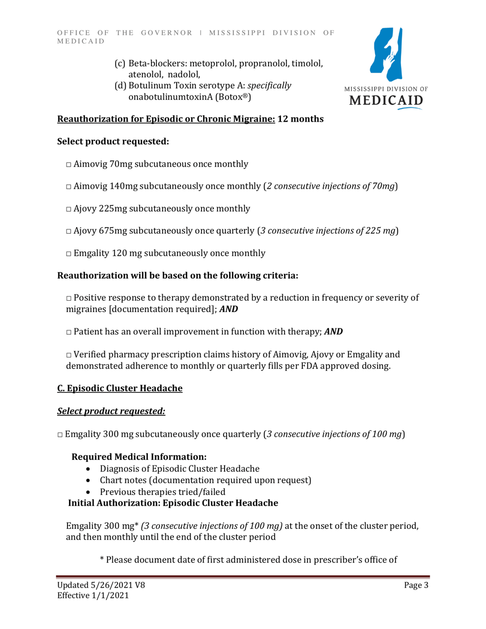 Prior Authorization Criteria - Injectable Calcitonin Gene Related Peptides (Cgrp) Inhibitors - Mississippi, Page 3