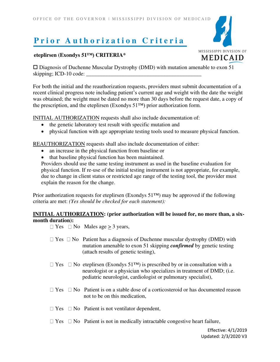 Mississippi Prior Authorization Criteria Eteplirsen (Exondys 51) Fill Out, Sign Online and