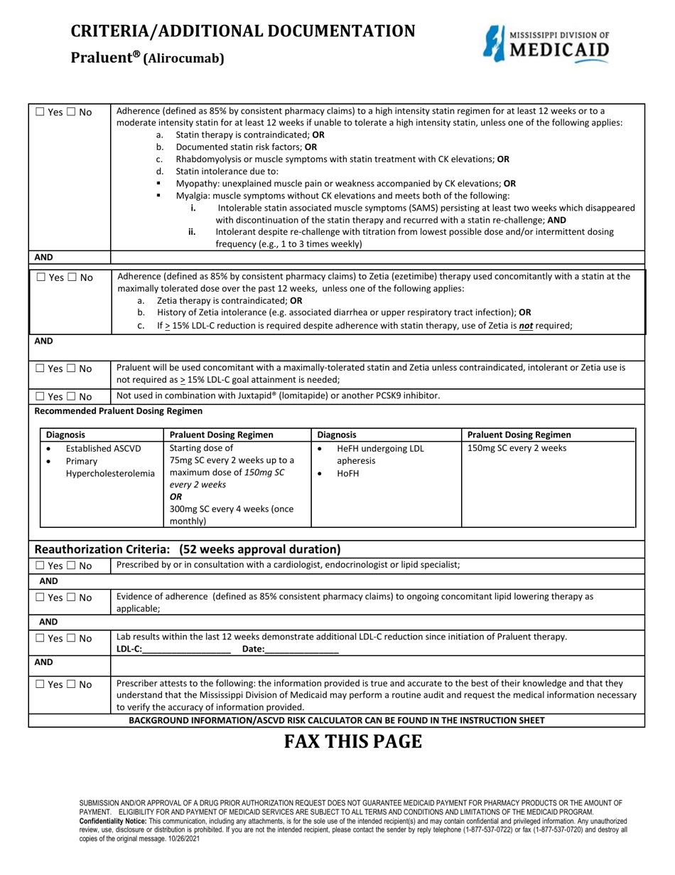 Standardized One Page Pharmacy Prior Authorization Form - Praluent (Alirocumab) - Mississippi, Page 4