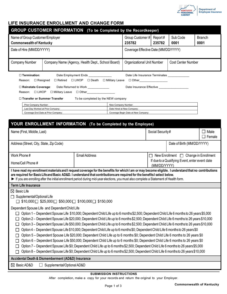 Kentucky Life Insurance Enrollment and Change Form Download Fillable ...