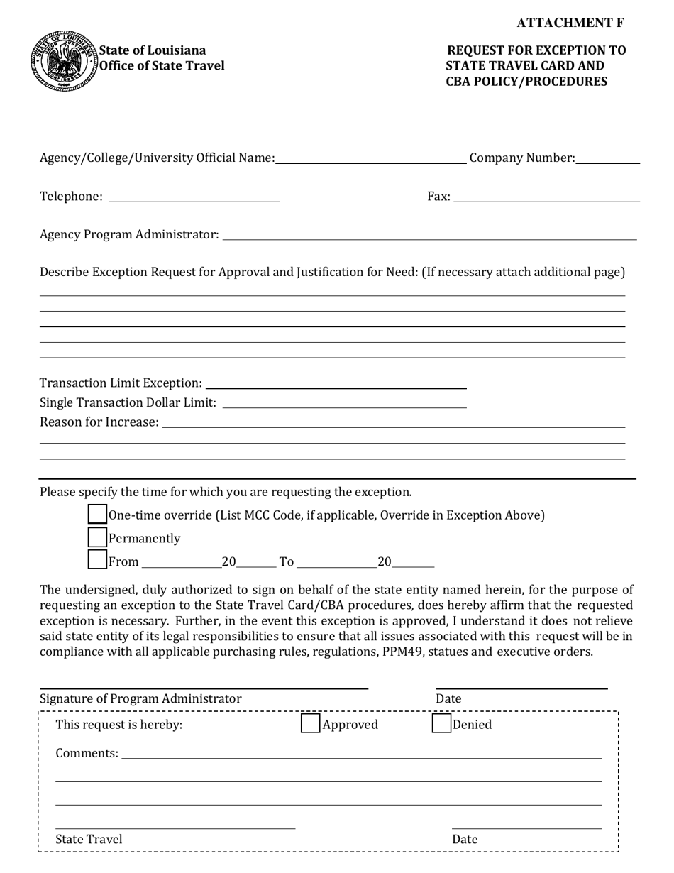 Attachment F Request for Exception to State Travel Card and Cba Policy / Procedures - Louisiana, Page 1