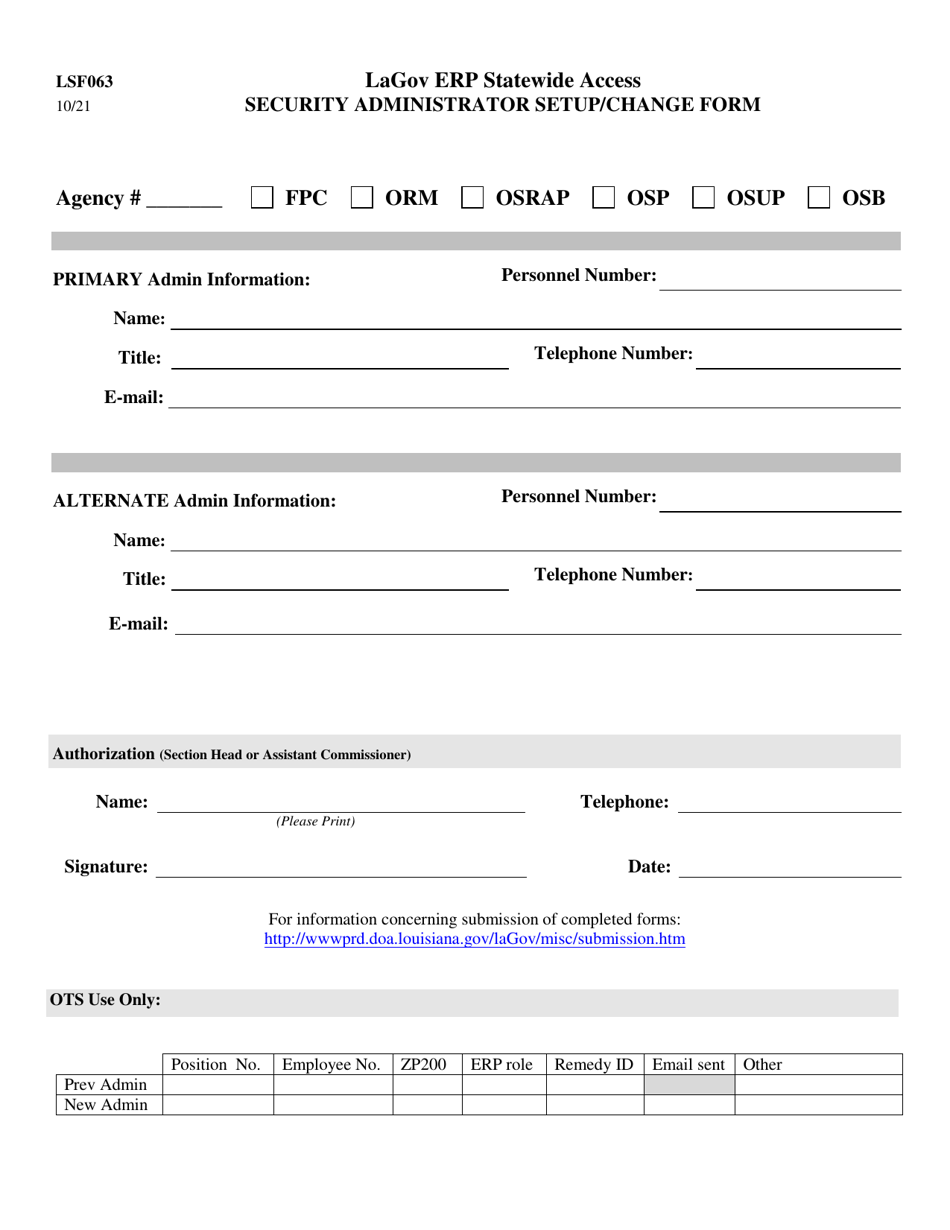 Form LSF063 Lagov Erp Statewide Access Security Administrator Setup / Change Form - Louisiana, Page 1