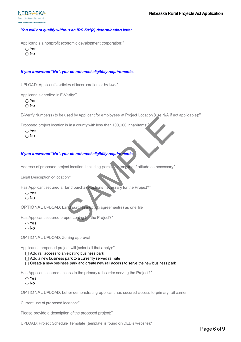 Sample Nebraska Rural Projects Act Application - Nebraska, Page 6