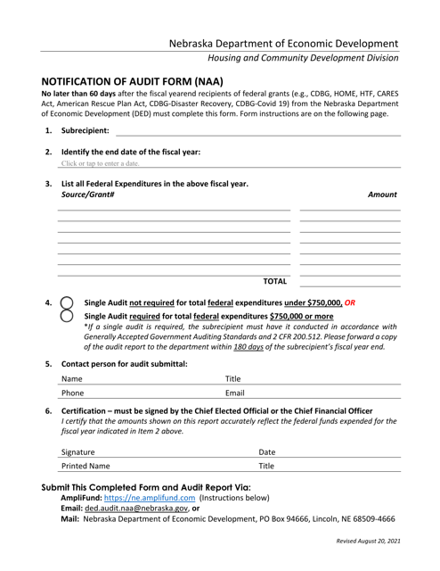Notification of Audit Form (Naa) - Nebraska Download Pdf