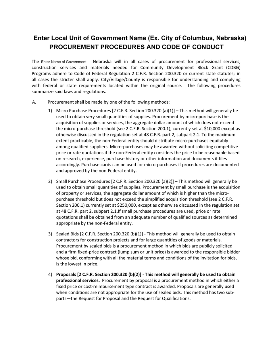 Procurement Standards and Code of Conduct Template - Nebraska, Page 1