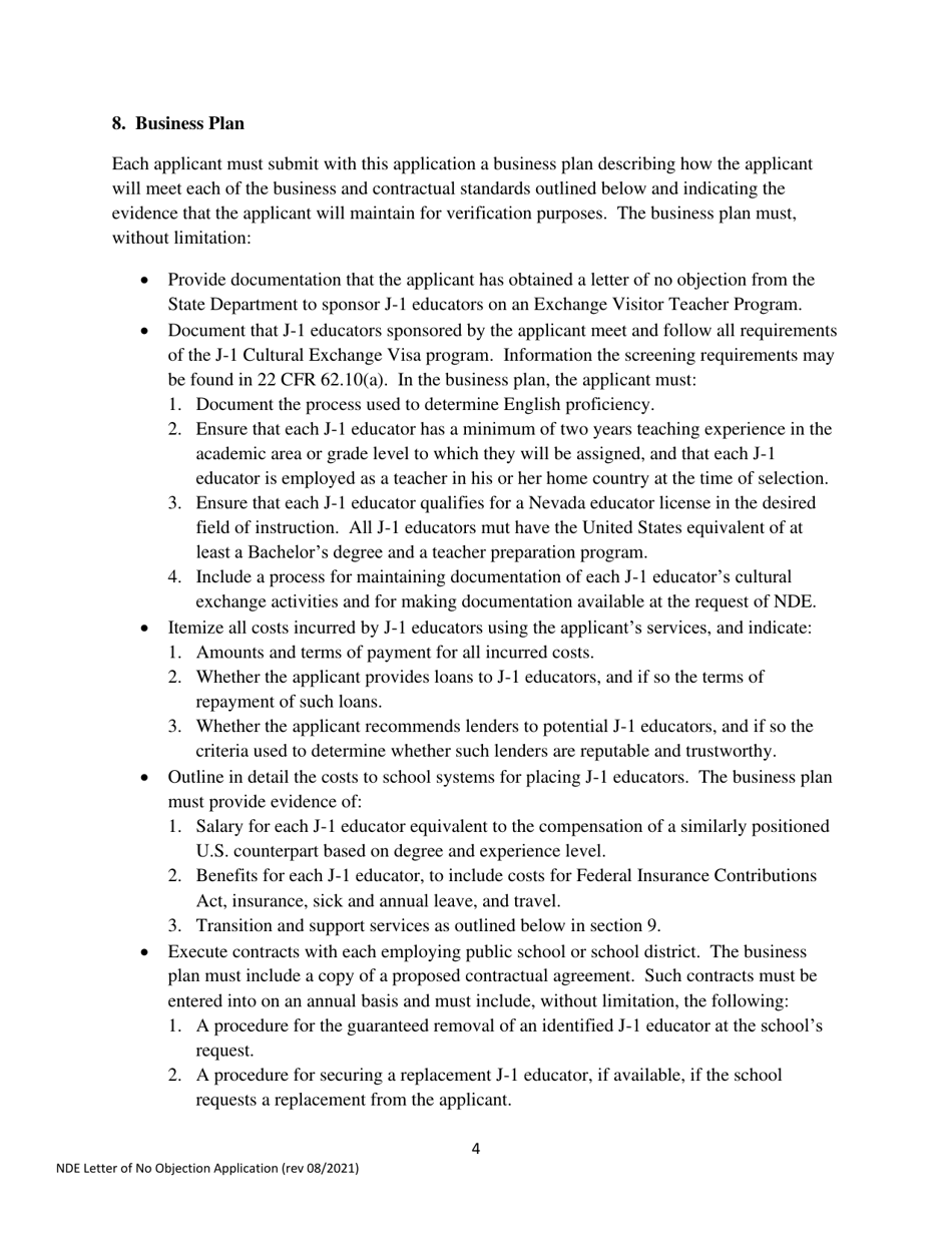 Letter of No Objection Application for J-1 Sponsors - Nevada, Page 4