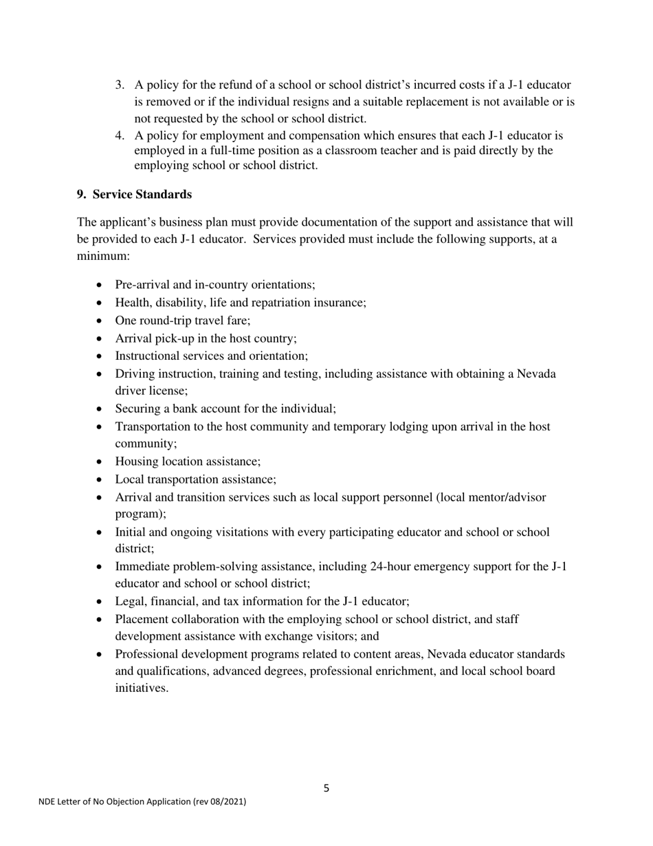 Letter of No Objection Application for J-1 Sponsors - Nevada, Page 5