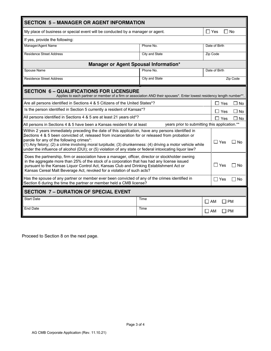 Kansas Corporate Application for License to Sell Cereal Malt Beverages