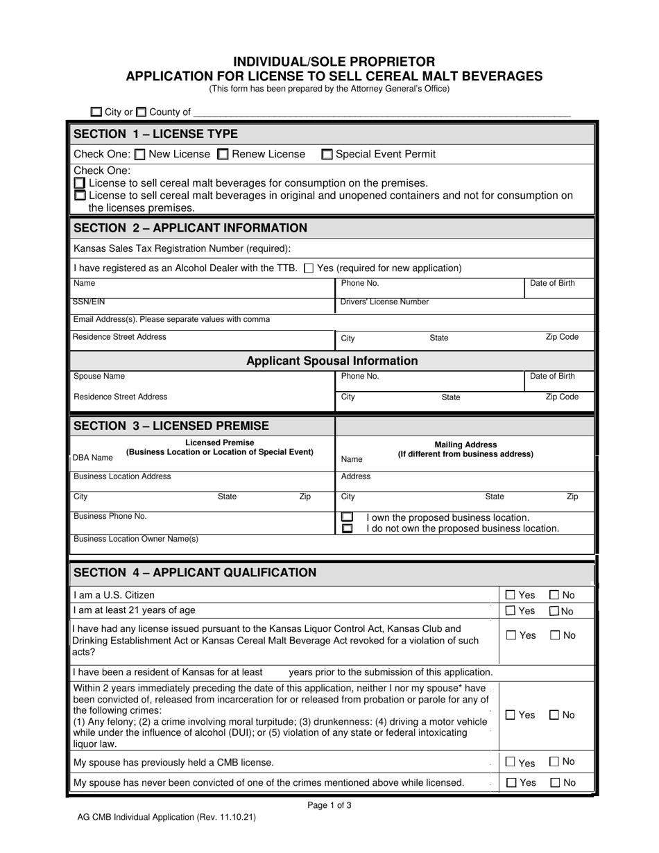 Individual / Sole Proprietor Application for License to Sell Cereal Malt Beverages - Kansas, Page 1