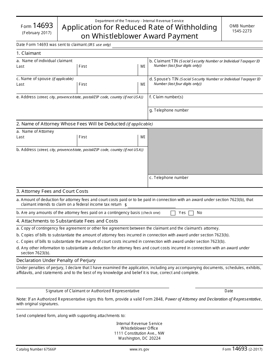 IRS Form 14693 Application for Reduced Rate of Withholding on Whistleblower Award Payment, Page 1