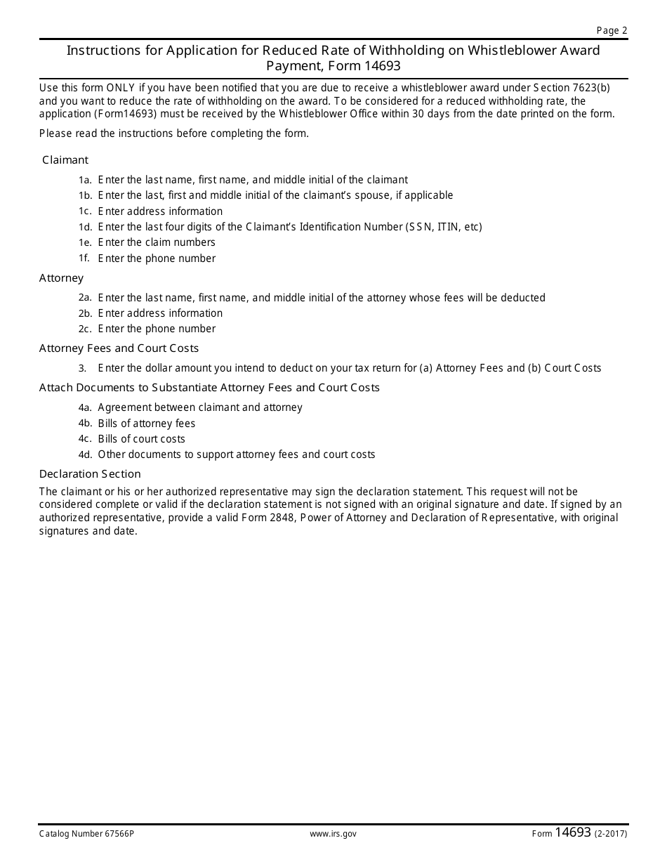 IRS Form 14693 Application for Reduced Rate of Withholding on Whistleblower Award Payment, Page 2