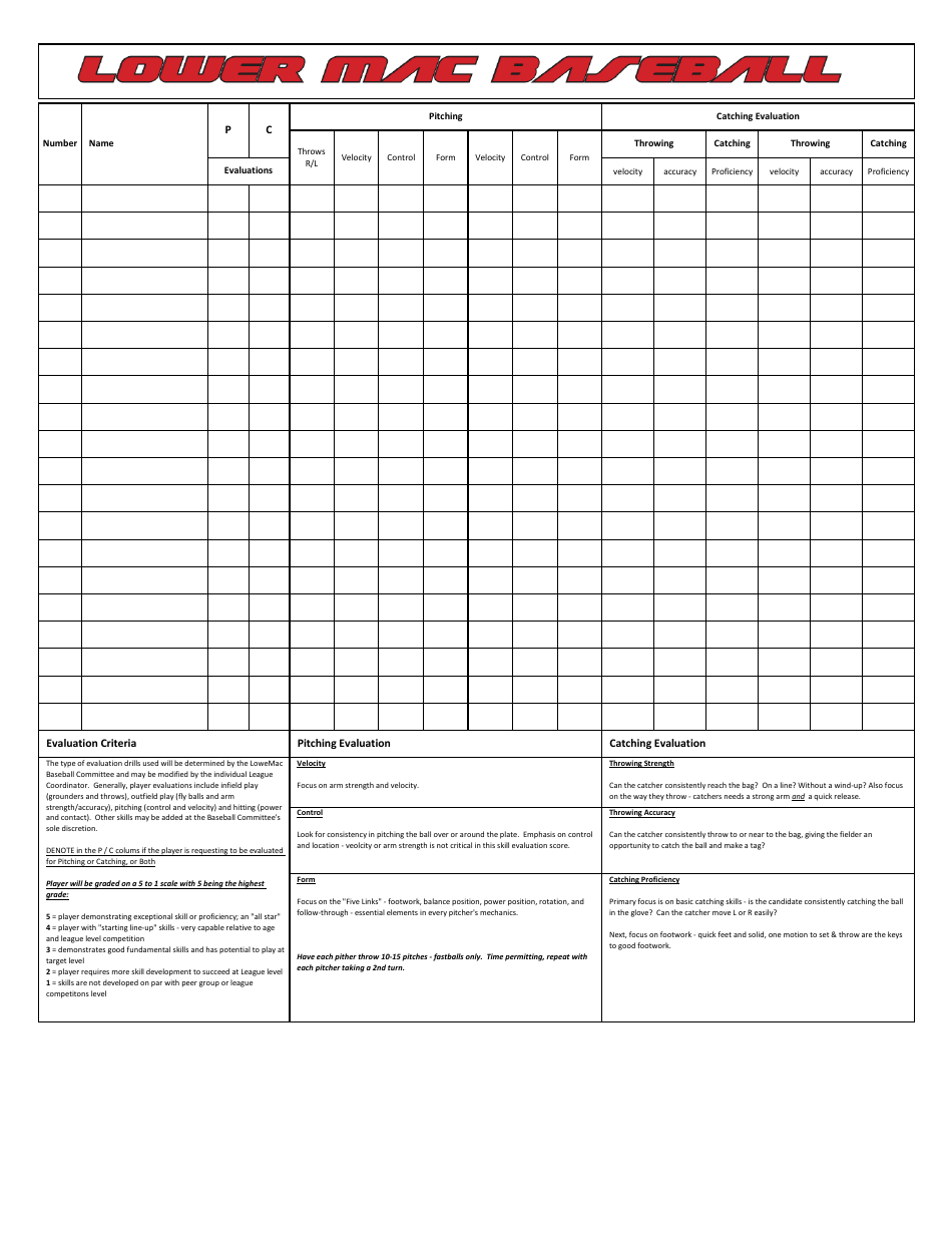 Lower Mac Baseball Evaluation Form Download Printable PDF Templateroller