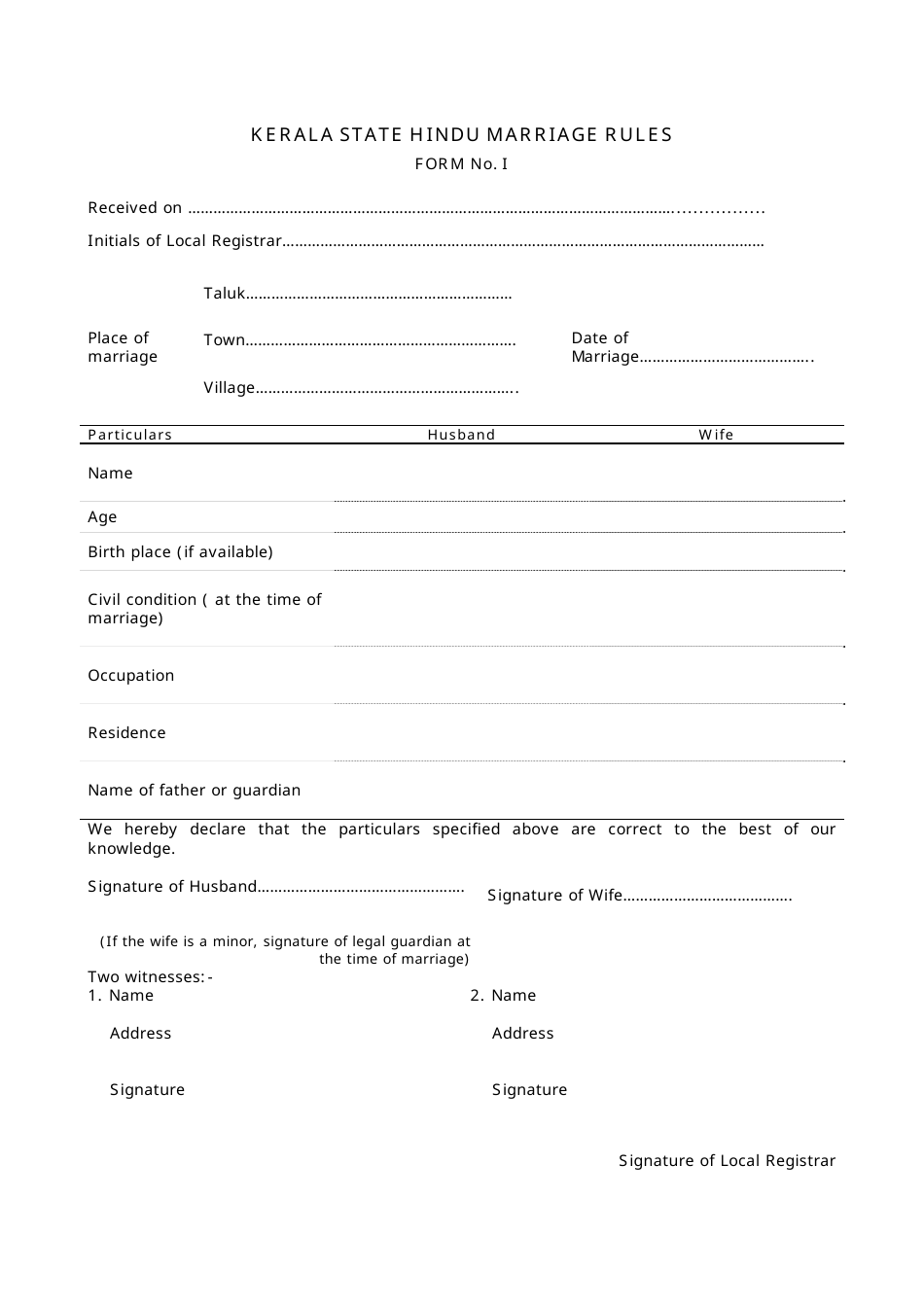 Form 1 Application for Registration of Hindu Marriage - Kerala, India, Page 1