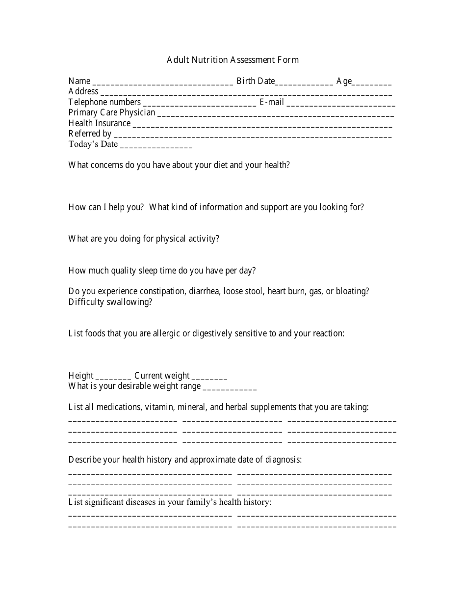 Adult Nutrition Assessment Form, Page 1