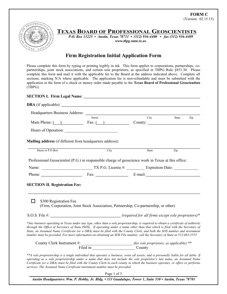 Form C Firm Registration Initial Application Form - Texas, Page 1