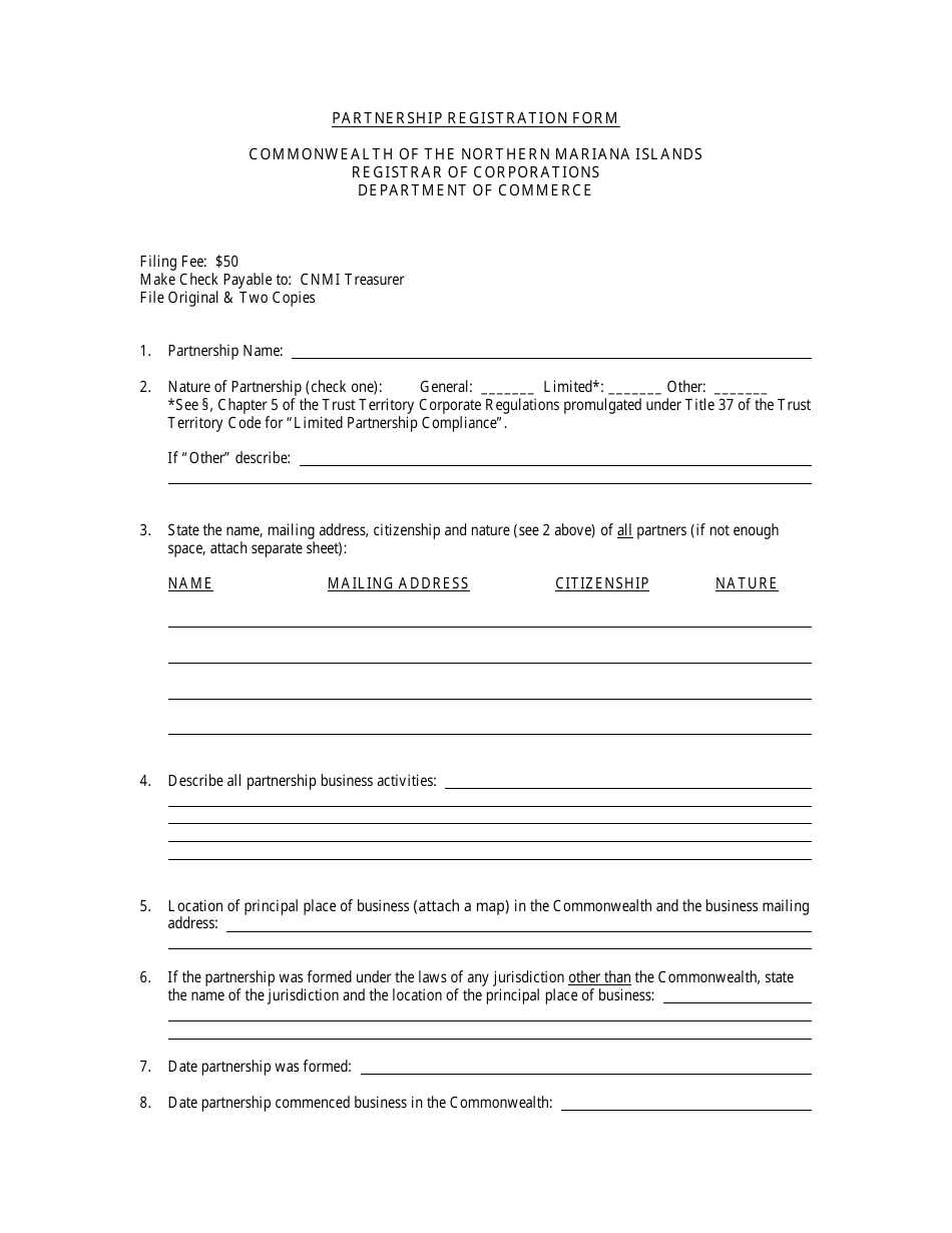 Partnership Registration Form - Northern Mariana Islands, Page 1