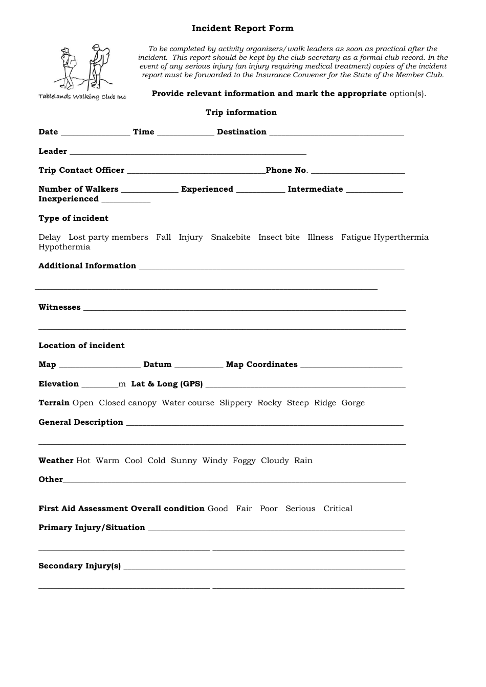 Incident Report Form - Tablelands Walking Club Inc, Page 1