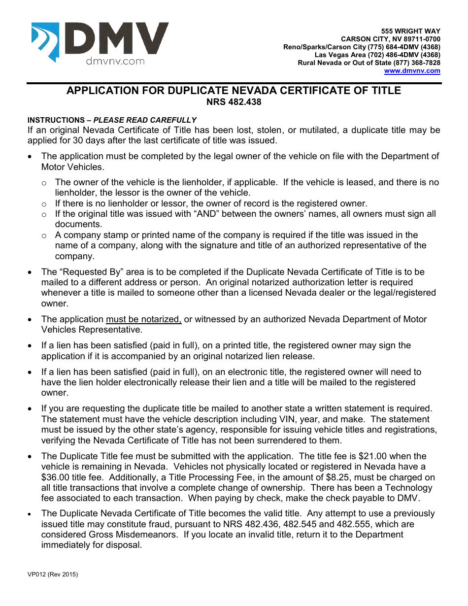 Form VP012 Application for Duplicate Nevada Certificate of Title - Nevada, Page 1