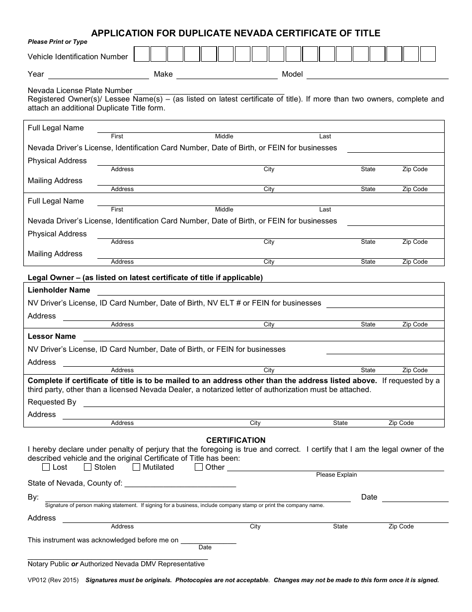 Form VP012 Application for Duplicate Nevada Certificate of Title - Nevada, Page 2