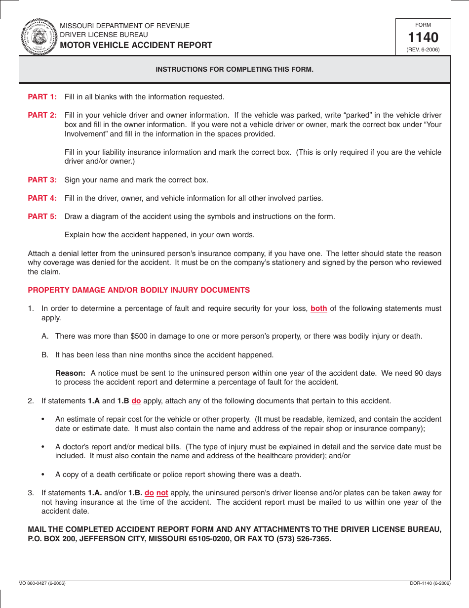 Form 1140 Motor Vehicle Accident Report - Missouri, Page 2
