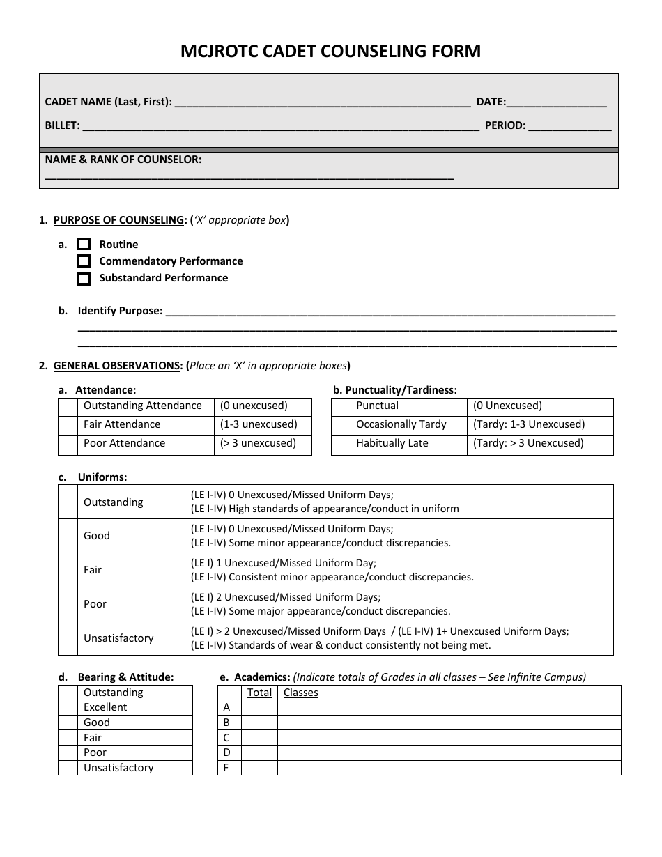 Mcjrotc Cadet Counseling Form, Page 1