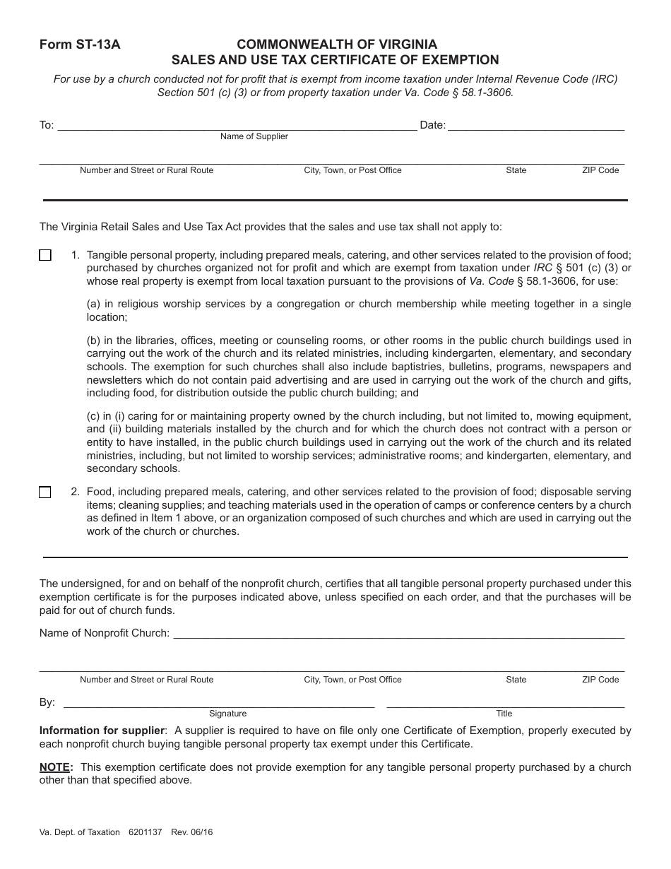 Form ST-13A Sales and Use Tax Certificate of Exemption - Virginia, Page 1