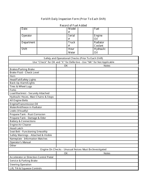 Forklift Daily Inspection Form (Prior to Each Shift) Download Pdf