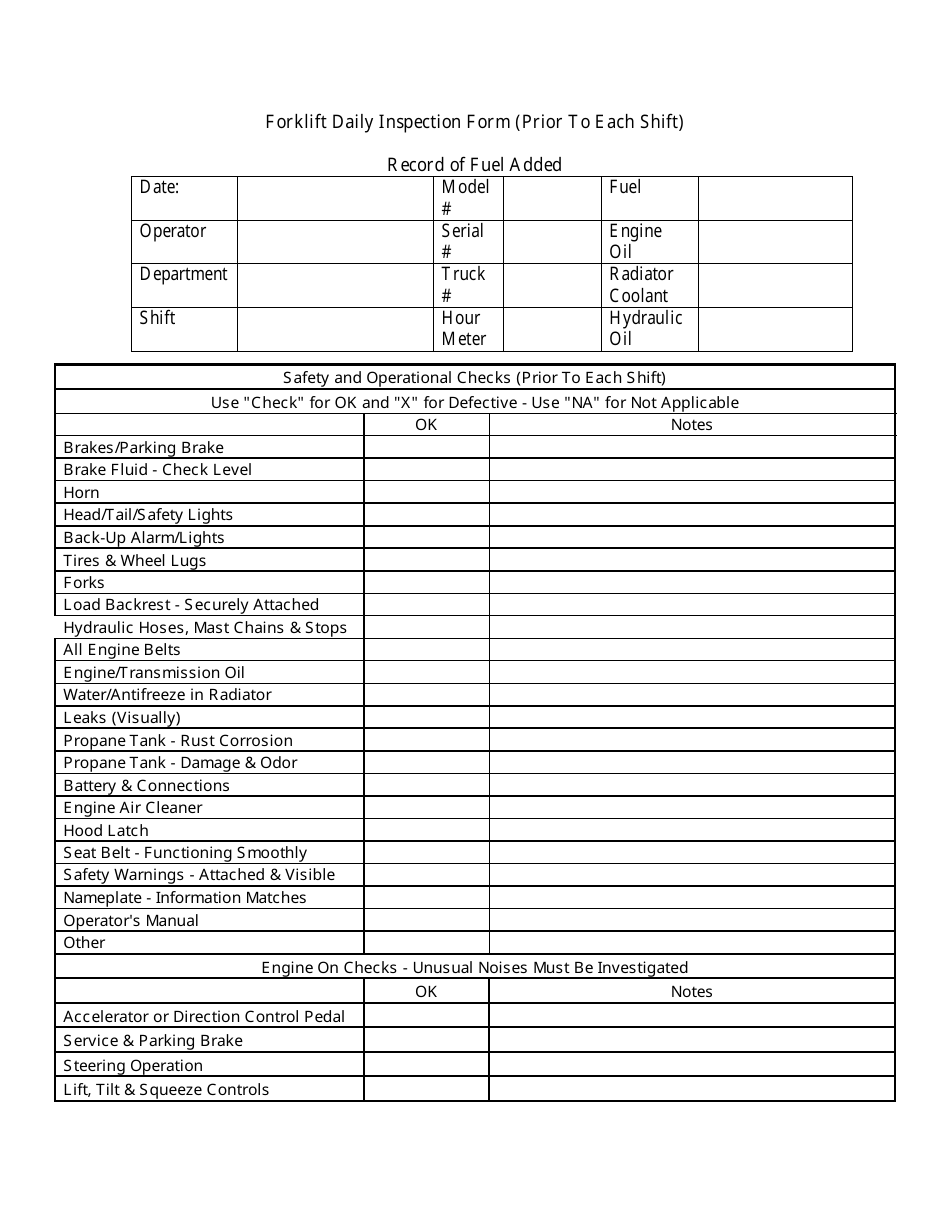 Forklift Daily Inspection Form (Prior to Each Shift), Page 1