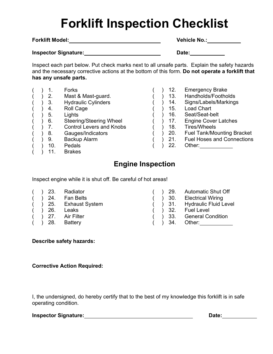 Forklift Inspection Checklist Template - Download Printable PDF